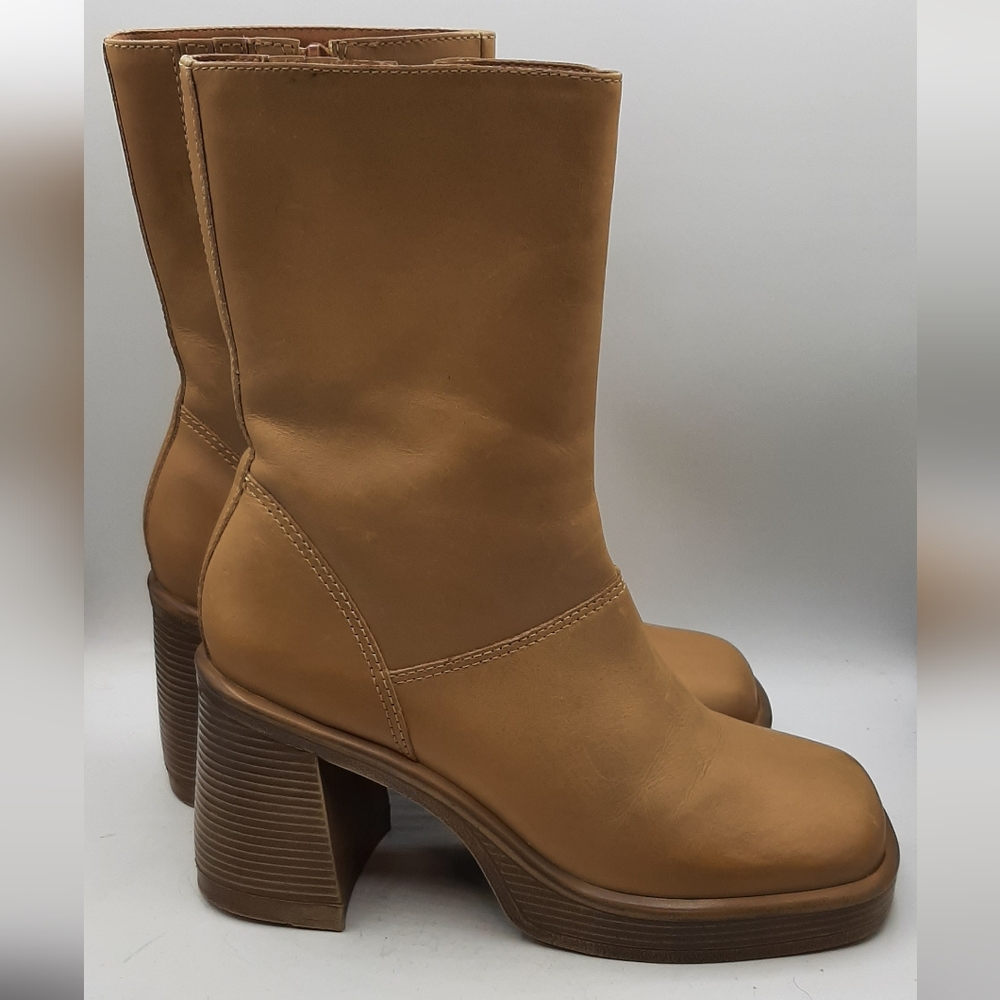 NEW Steve Madden Women's Square Toe Block Heel Zipper Boots Tan Size 8.5